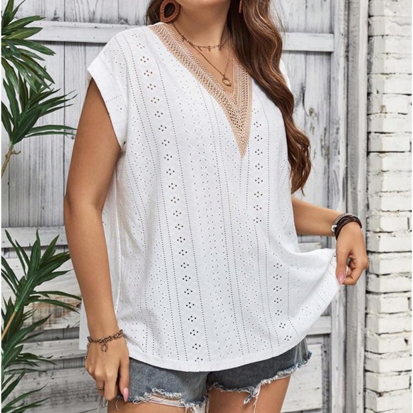 Plus Size Sheer Lace Eyelet Embroidery Dolman Sleeve Tee Shirt Top Blouse White - Picture 5 of 6